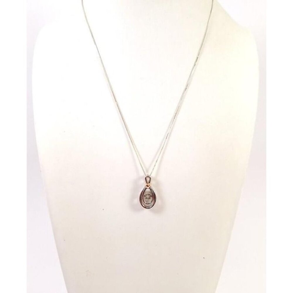 925 Silver 10K Gold & Diamond Floating Stone Teardrop Pendant Necklace 18" Italy